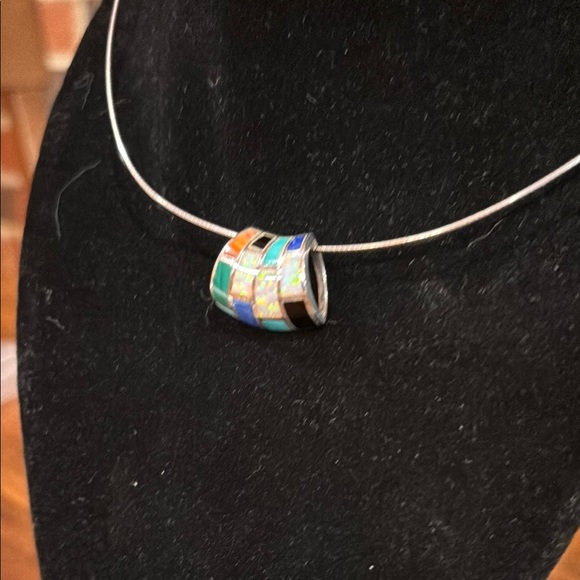 Sterling Silver Stone inlay Slide Pendant on 925 wire choker Necklace. - Picture 4 of 9